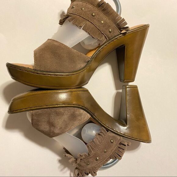 Born Kassidy Leather suede Fringe platform slip on studded Sandal Heels-9 - Picture 2 of 12